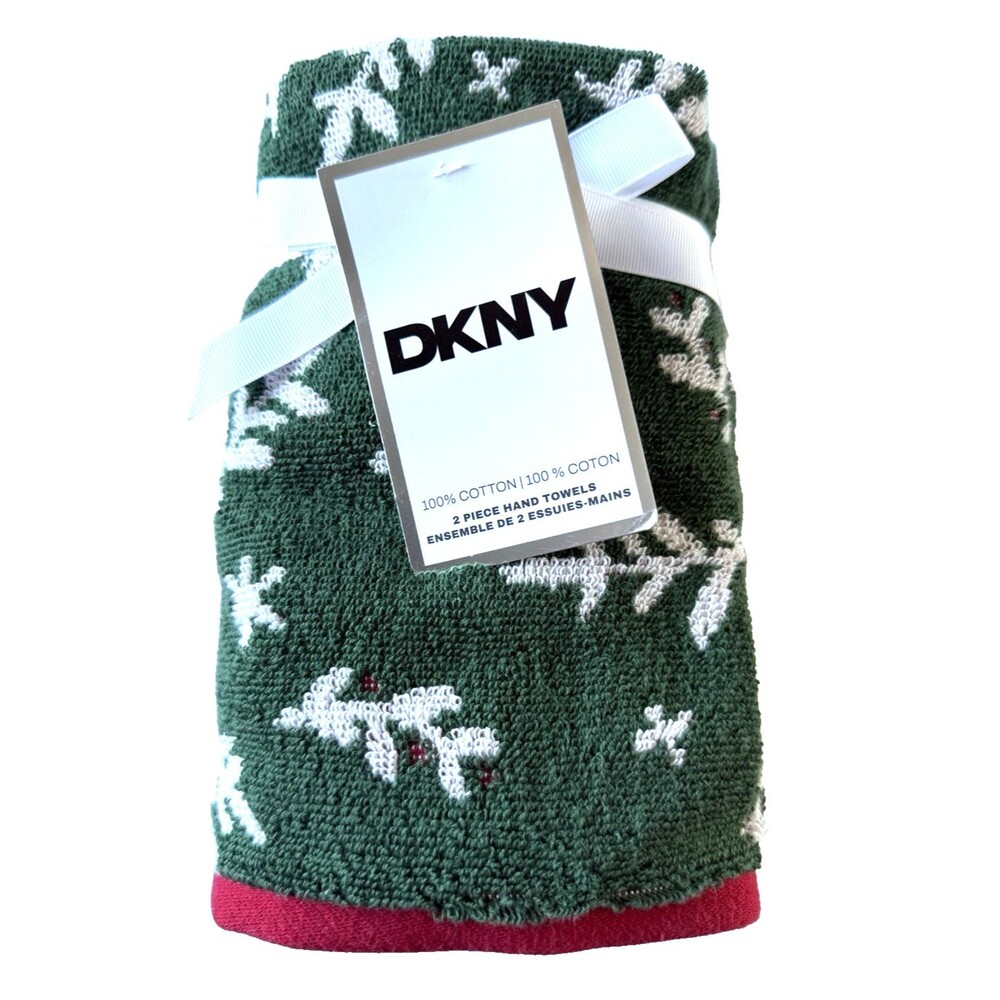 DKNY Christmas Hand Towels Green White Red Holly Reversible Holiday Set of 2